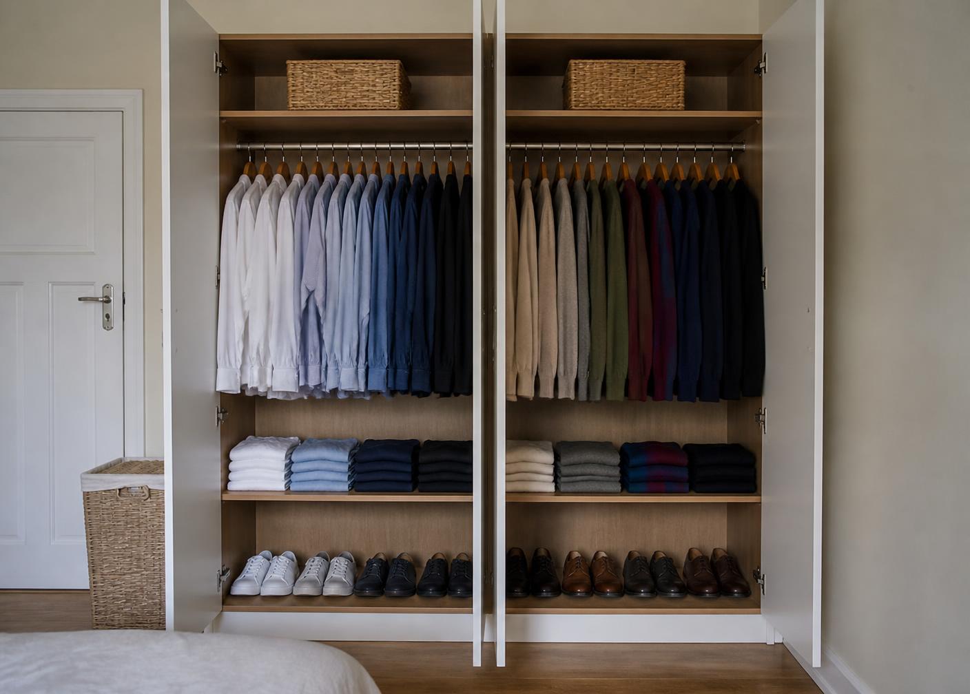 The same wardrobe organised with matching hangers, folded stacks and shoes in a row
