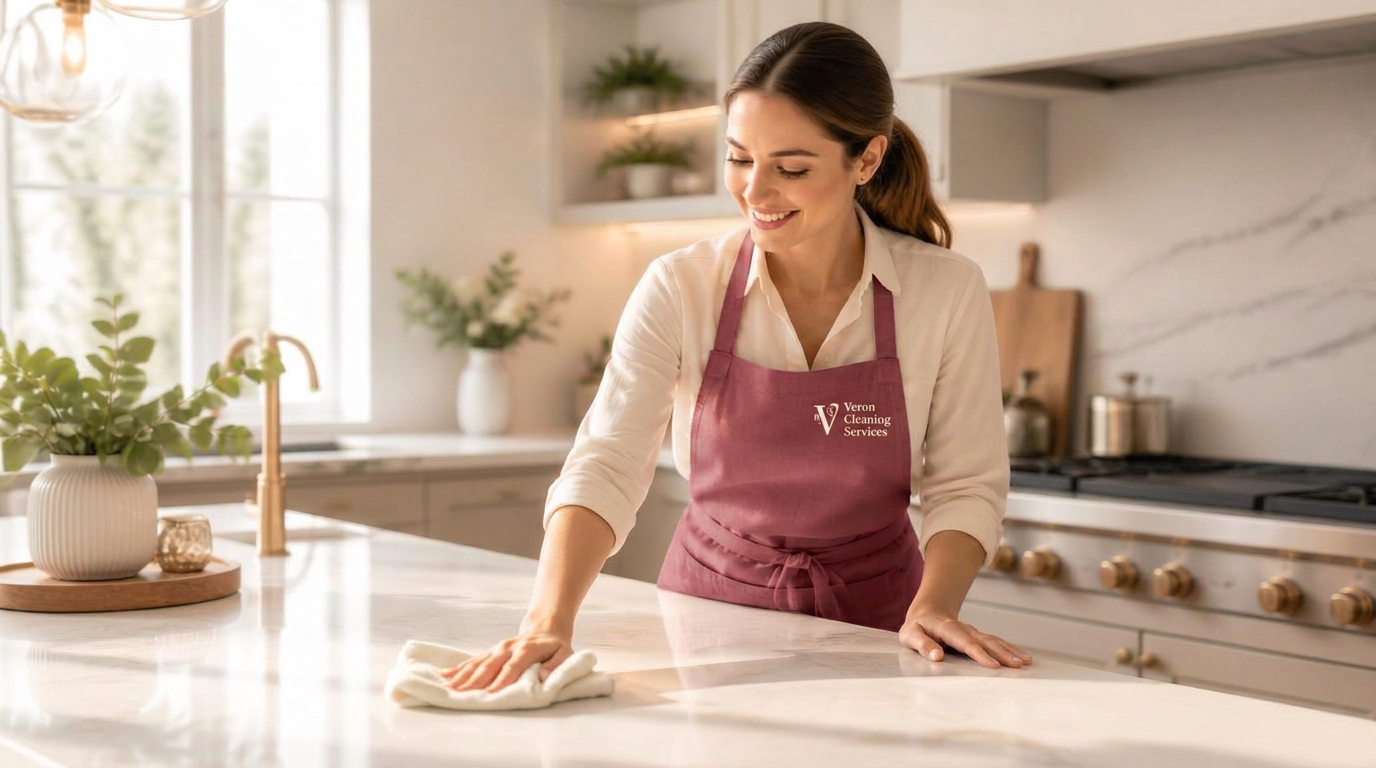 Professional cleaner polishing a bright modern kitchen counter