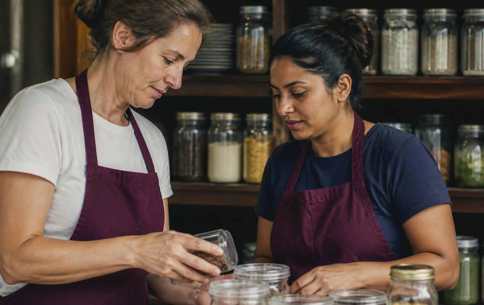Two cleaners organising a pantry with labelled containers